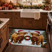 1pc Christmas Highland Cow Print Faux Wool Rug, Christmas Hat Long Fur Cow Wreath Gift Snow Scene Pattern Rectangular Soft Carpet, Holiday Theme Doormat, Kitchen Entryway Bedroom Living Room Doorway Home Decor Mat, Winter Christmas Atmosphere Decoration Rug - Multicolor - View 2