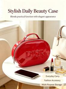 DIOR Red Glossy Patent Leather Oval Handheld Cosmetic Bag, Embossed Logo Portable Makeup Storage Box, Women's Large Capacity Makeup And Skincare Storage Bag, Holiday Gift Idea, Travel And Business Trip Cosmetic Organizer Bag, DIY Customizable Handheld Bag, Perfect Gift For Girlfriend And Best Friend, Commute Sample Lipstick Powder Multi-Function Storage Bag - Glossy Patent Leather Red Makeup Bag - View 7