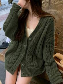 Alicedudu Women's Autumn/Winter Elegant Minimalist Casual Gentle Style Perforated Design V-Neck Cardigan Sweater - Army Green - View 2