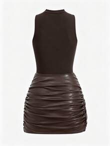 Women's Solid Color Sleeveless Mini Dress + Front Tie PU Decor 2-Piece Set, Elegant Solid Color Knotted Ruffle Hem Summer - Coffee Brown - View 2