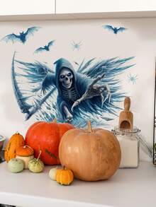 1pc Halloween Scythe Skeleton Wall Decor Sticker, Removable Room Wall Decal For Bedroom, Living Room, Entryway, Holiday Decoration - 1PC - View 4