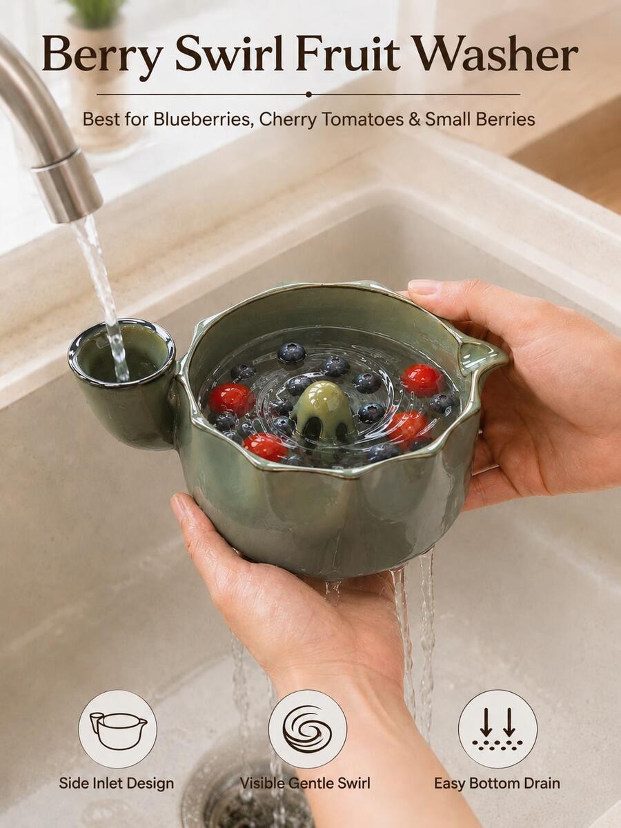 1/2pcs The Berry Swirl Ceramic Fruit Washing Bowl, Vortex Water Flow Side Inlet Design, Multi-Functional Strawberry, Blueberry And Small Fruit Colander, Quick Drainage Kitchen Strainer, Durable Ceramic Berry Washing Bowl, Suitable For Daily Home Food Preparation