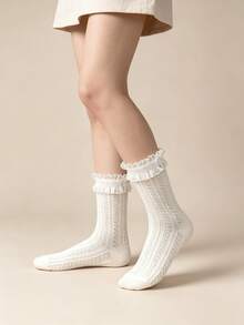 1/5 Pairs All-Season Bow Lace Trim Sweet Versatile Comfortable Mid-Calf Socks - Multicolor - View 6