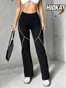 Hidkat Women's Fashion Solid Color High Waist Slim Fit Yoga Sports Knit Flare Pants - Black - View 1