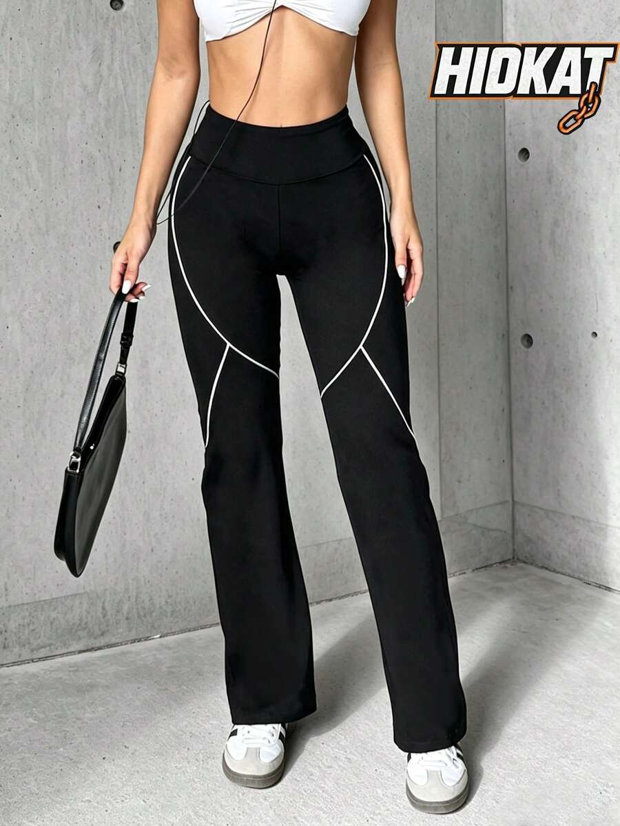 Hidkat Women's Fashion Solid Color High Waist Slim Fit Yoga Sports Knit Flare Pants - Black - View 1