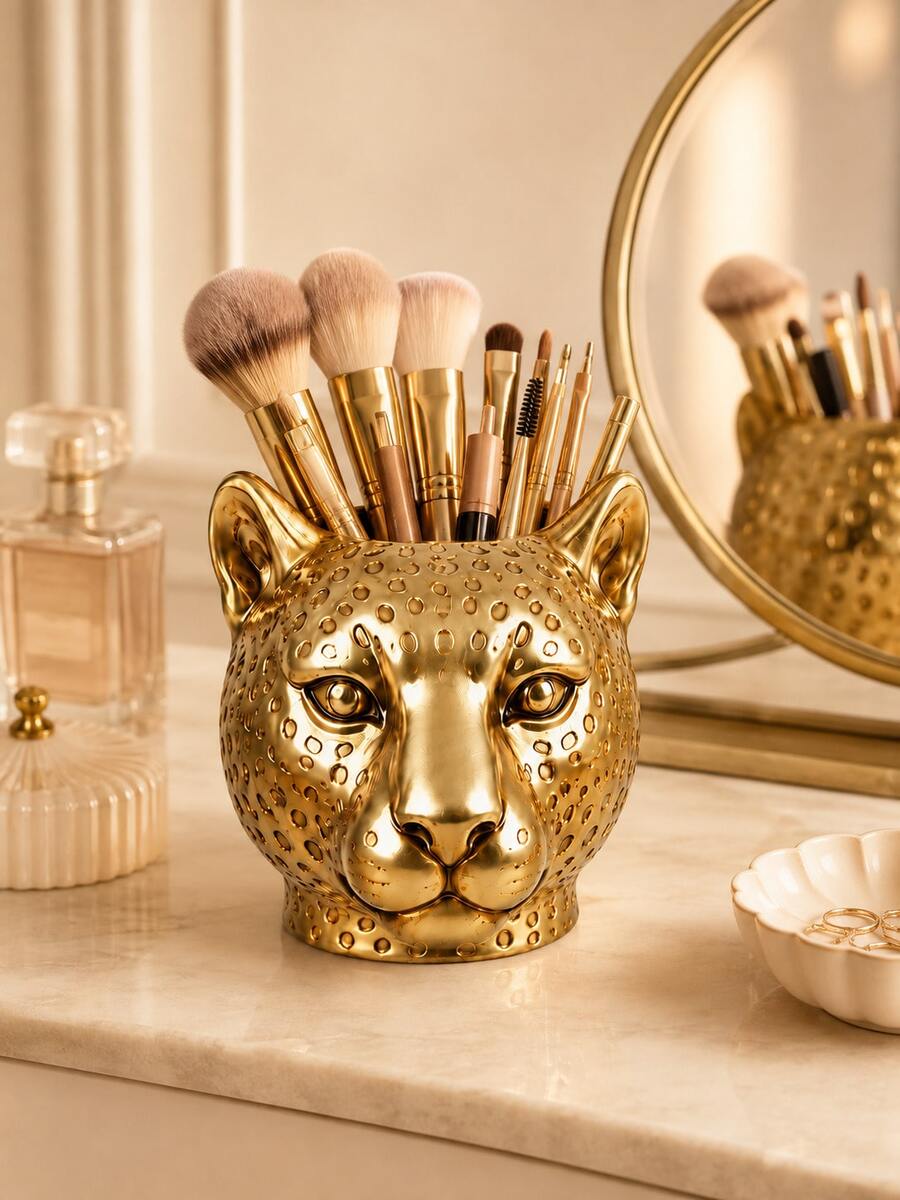 1pc Gold & Silver Leopard Print Makeup Brush Holder, Animal Head Shaped Cosmetic Storage Cup, Suitable For Makeup Brushes, Lipsticks, Eyeliner, Elegant Vanity Tabletop Bedroom Decor - Multicolor - View 1
