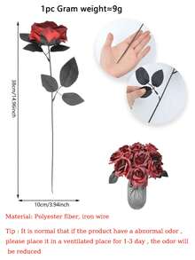 1pc Dark Red Artificial Rose Stem, For Halloween Home Decor - Black and Red - View 15