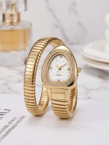 Women's Gold Snake-Shaped Quartz Watch With Rhinestone Triangle Dial, Spiral Bracelet Wristwatch, Perfect Gift For Birthday And Christmas - White - View 3
