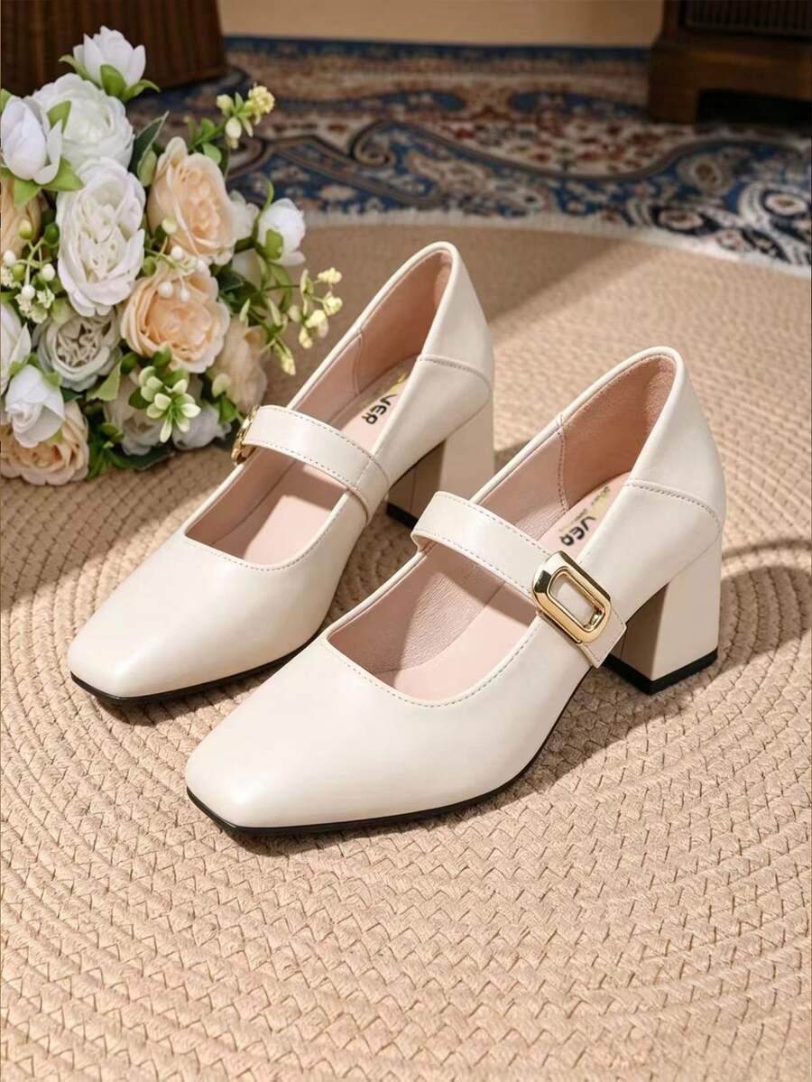 Women's Beige Square Toe Chunky Heel Mary Jane Shoes, Square Toe Single Strap With Gold Square Buckle Design, Comfortable Chunky Heel Not Tiring To Wear, Soft Leather Material Fits Foot Shape, Suitable For Spring And Autumn, Commuting To Work, Dating And Gatherings, Daily Outfits, Simple Retro Style, Material Is Artificial Leather - White - View 1