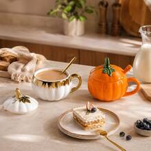 1pc 3D Pumpkin Shaped Ceramic Mug With Lid And Spoon, Autumn Thanksgiving Halloween Theme Coffee Cup, Holiday Home Desktop Decor Gift - Multicolor - View 3
