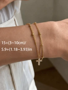 1pc Women's Gold Copper Inlaid CZ Double Layer Cross Pendant Design Luxury Style Bracelet Suitable For Daily Wear, Gatherings And Parties - Multicolor - View 2