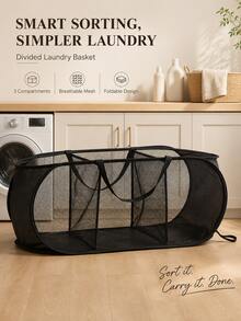 3-Compartment Foldable Laundry Basket, Breathable Mesh Dirty Clothes Bin, Large Capacity Partition Design, Portable With Handles, Suitable For Bathroom And Laundry Room, Easily Sort Household Dirty Clothes - Multicolor - View 2