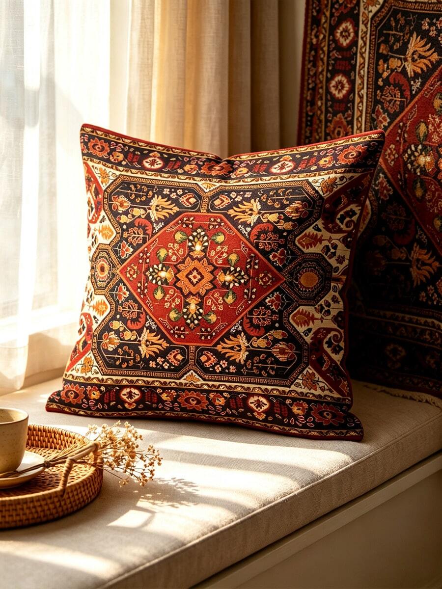 1PC Bohemian Style Pillowcase, Middle Eastern Court Style, Single-Sided Printed, Suitable For Decorating Living Rooms, Bedrooms, Sofas, Beds, Zipper Closure, Autumn Decorative Pillow Cover, Machine Washable (Excluding Inner Core) - Multicolor - View 1