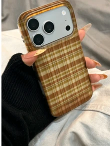 Niche Autumn/Winter Plaid Semi-Transparent Phone Case Compatible With Apple 17 Pro Max, 16 New Model, 15, 15 Pro, 17, 16 Pro, 17 Pro, High-Quality Creative Minimalist Korean Style Anti-Drop Protective Cover With Chain - Brown - View 4