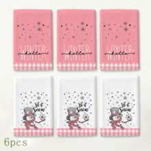 2/4/6pcs Winter Snowman Theme Printed Christmas Home Decor Kitchen Napkins, Cute Pink Hand-Drawn Style, Soft And Easy To Clean, Snowman, Snowflake, Pink And White Plaid Patterns, Winter Home Decor, Holiday Home Gift, Suitable For Kitchen Decor, Baking, Cooking, Winter Party, Christmas Season - Multicolor - View 9