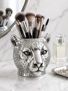 1pc Gold & Silver Leopard Print Makeup Brush Holder, Animal Head Shaped Cosmetic Storage Cup, Suitable For Makeup Brushes, Lipsticks, Eyeliner, Elegant Vanity Tabletop Bedroom Decor - Multicolor - View 9
