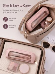 Multi-Color Transparent Window Makeup Brush Bag, PU Leather PVC Transparent Window Design, Metal Zipper Head Decoration, Slim Portable Size, Dust-Proof, Suitable For Home Vanity And Travel, Can Store Makeup Brushes And Eyebrow Beauty Tools - Multicolor - View 2