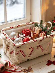 1pc Large Capacity Christmas Candy Cane Embroidered Flannel Storage Basket, Dual Handle Design, Foldable, Perfect For Christmas Holiday Supplies, Gifts, Decor Storage, Holiday Atmosphere Home Decor, Holiday Gift - Multicolor - View 1