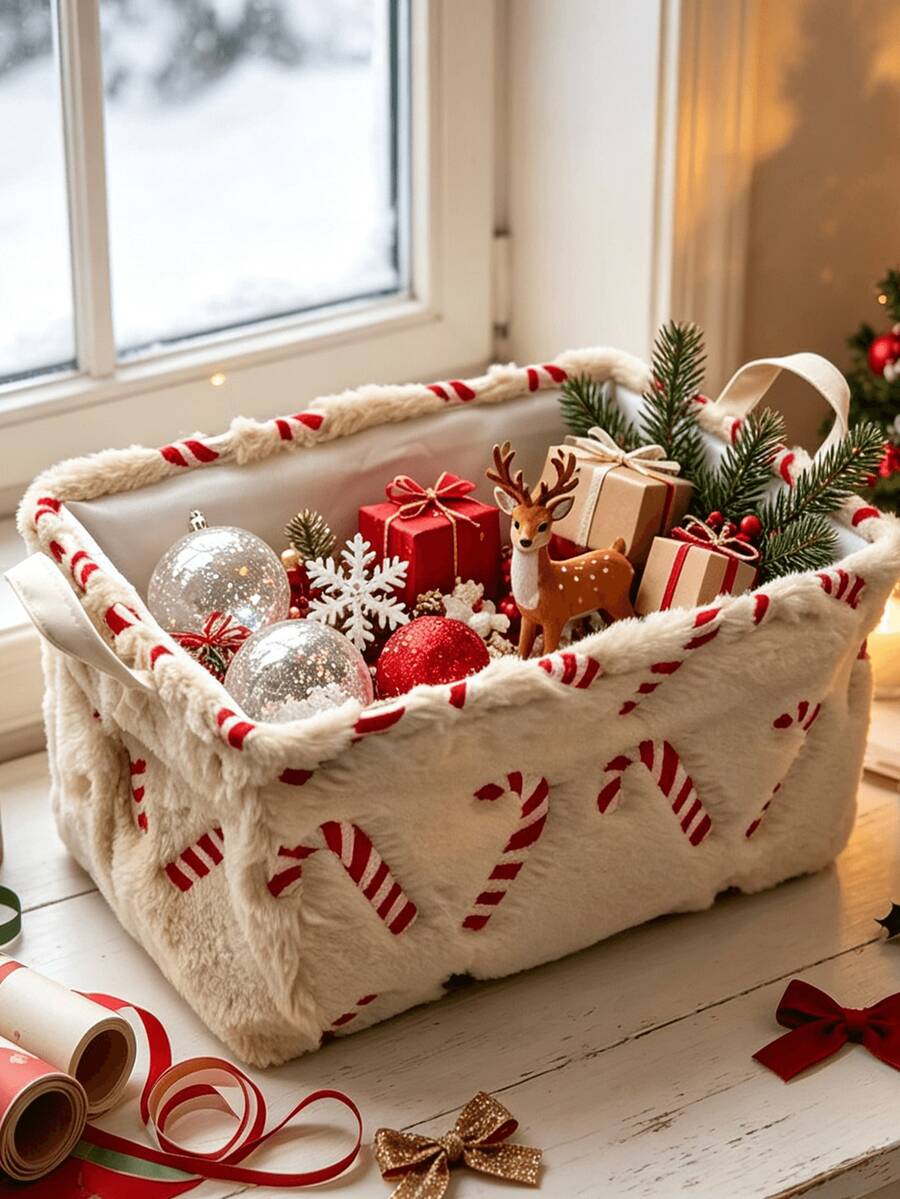 1pc Large Capacity Christmas Candy Cane Embroidered Flannel Storage Basket, Dual Handle Design, Foldable, Perfect For Christmas Holiday Supplies, Gifts, Decor Storage, Holiday Atmosphere Home Decor, Holiday Gift - Multicolor - View 1
