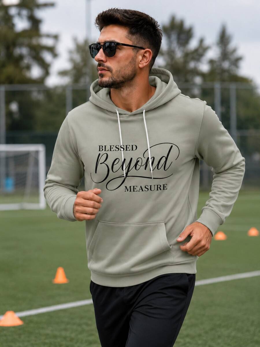 Men Mint Green Blessed Letter Front & Back Print Hoodie, Drawstring Kangaroo Pocket Casual Sports Pullover Sweatshirt - Multicolor - View 1