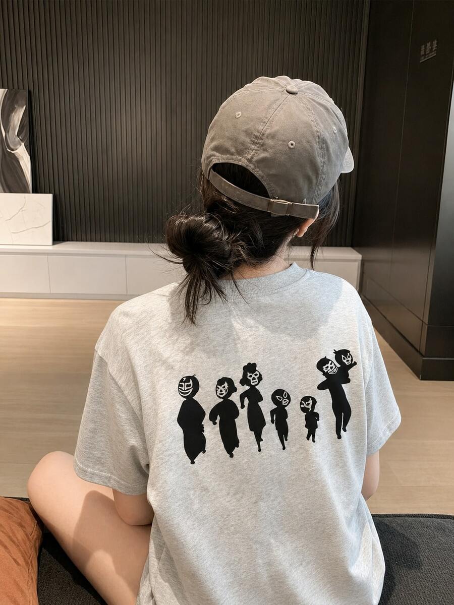 女士休闲宽松卡通印花短袖T恤,百搭夏季款 - 淺花灰 - 查看 1