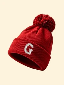 1pc Women's Red Folded Ribbed Knit Pom Pom Beanie, Pearl Rhinestone A-Z Letter Decor, Elastic Comfortable Warm, Autumn/Winter Campus Party Headwear - Red - View 8