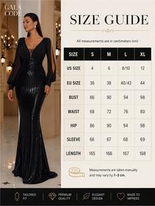 Black Sequin Maxi Dress Long Sleeve Elegant Evening Party Gown - Black - View 4