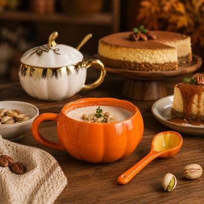 1pc 3D Pumpkin Shaped Ceramic Mug With Lid And Spoon, Autumn Thanksgiving Halloween Theme Coffee Cup, Holiday Home Desktop Decor Gift