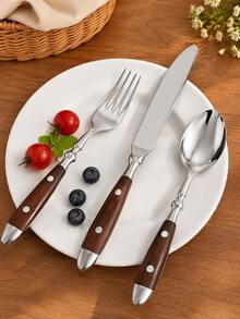 1 Walnut Two-Riveted Cutlery Set, Light Luxury High-End Stainless Steel Dinner Knife, Fork, Spoon, Salad Fork, Teaspoon, Ice Cream Spoon, High-Value Practical Household Restaurant Wooden Handle Knife, Fork, Spoon - View 2