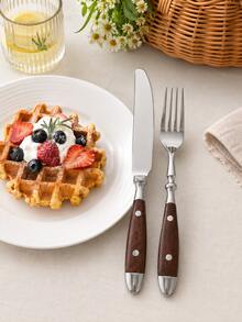 1 Walnut Two-Riveted Cutlery Set, Light Luxury High-End Stainless Steel Dinner Knife, Fork, Spoon, Salad Fork, Teaspoon, Ice Cream Spoon, High-Value Practical Household Restaurant Wooden Handle Knife, Fork, Spoon - View 4