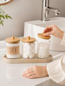1/3/4-Piece Makeup Swab Storage Set – Plastic Jars With Lids (Suitable For Makeup Sponges, Dental Floss, And Toothpicks), Bamboo Bathroom Accessories, Bathroom Storage Canisters With Lids - View 3