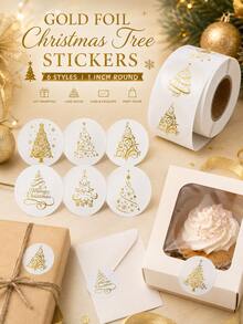 1500PCS/3ROLL Gold Foil Christmas Tree Round Stickers Roll, Self‑Adhesive Labels For Gift Sealing Decor - Multicolor - View 5