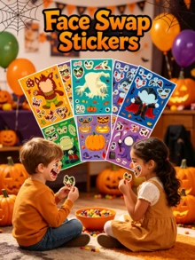 Halloween Kids Face-Swap Interactive Puzzle 6-Piece Set, Cartoon Werewolf Ghost Vampire Pumpkin Grim Reaper 6 Styles, Children's Free Combination Eyes Mouth Nose Face-Changing Interactive Toy, Can Be Stuck On Notebooks Water Cups Pumpkins Windows Walls Gift Boxes - Multicolor - View 2