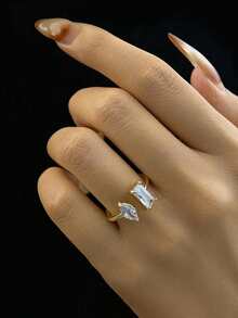 1 pieza Anillo de circonita cúbica con forma de oliva de 5.5ct chapado en oro de 18K, anillo de diamante de lujo único, adecuado para el uso diario de mujeres y niñas, decoración de fiestas y regalo de vacaciones - Amarillo Oro - Ver 9