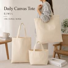 5-PCS Canvas Shoulder Tote Bag, Minimal Plain Shopper Bag For Books, Documents And Daily Essentials - Apricot - View 1