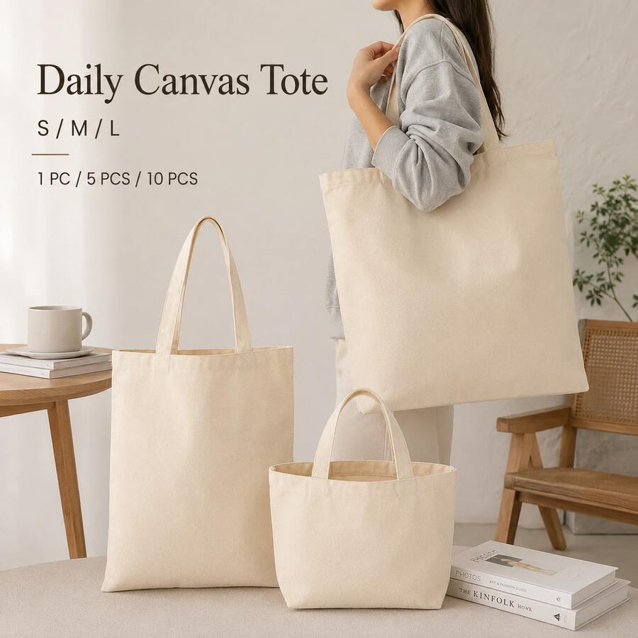 5-PCS Canvas Shoulder Tote Bag, Minimal Plain Shopper Bag For Books, Documents And Daily Essentials - Apricot - View 1