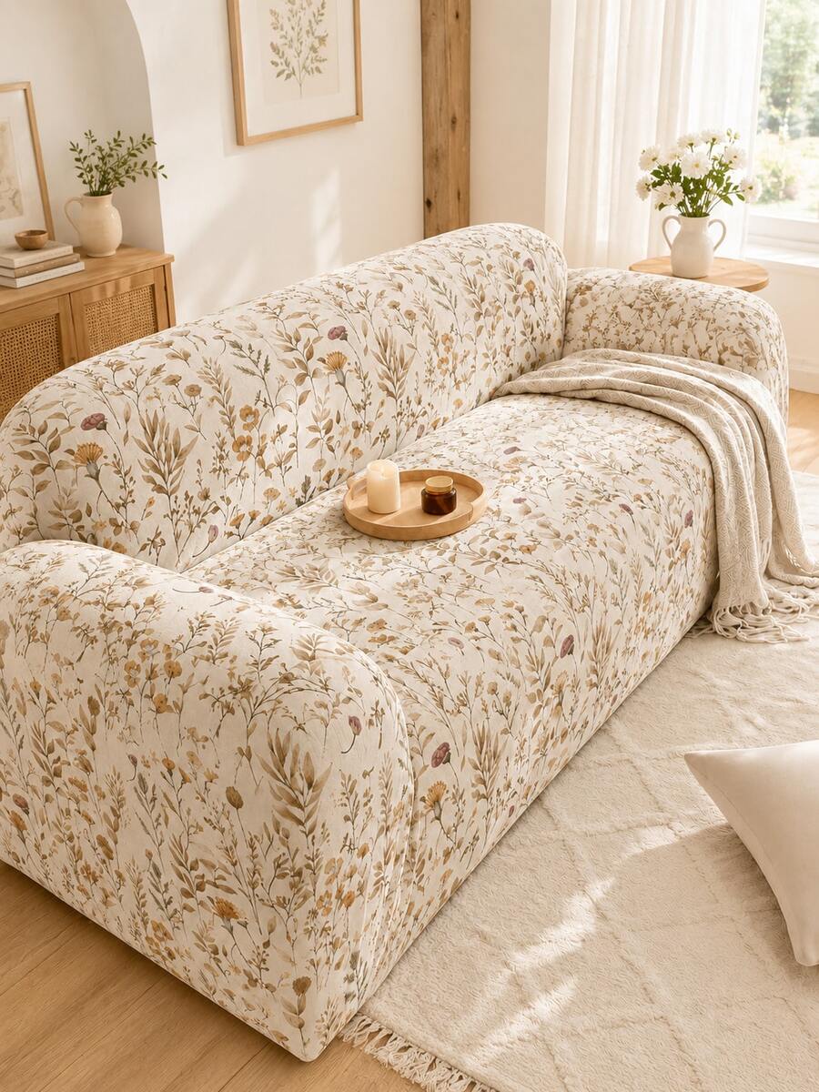 1pc Printed Milk Silk Sofa Protector Cover + 1pc Matching Pillowcase, High Elasticity Removable Washable All-Season Universal Stretch Full Sofa Cover, Suitable For Living Room, Patio, Garden, Poolside And More Occasions - Multicolor - View 1