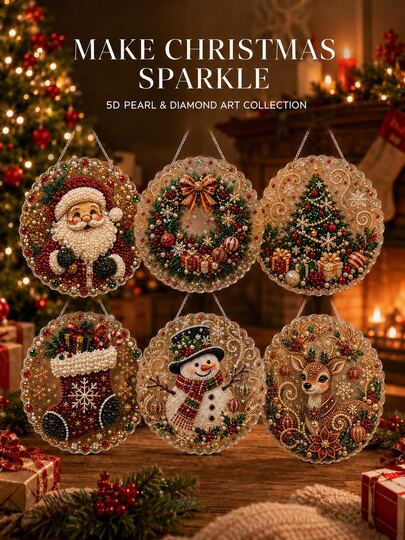 1pc 6pcs 8-Inch Christmas Pearl Diamond Painting Suncatcher Set #E, DIY 3D Mixed Size Pearl Beads Handmade, Suitable For Adults And Beginners, Includes Pre-Assembled Metal Chain, Round Lace Edge Acrylic Plate, Window And Wall Hanging Decor, Holiday Home Decoration Gift