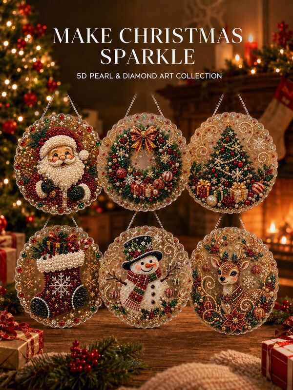 1pc 6pcs 8-Inch Christmas Pearl Diamond Painting Suncatcher Set #E, DIY 3D Mixed Size Pearl Beads Handmade, Suitable For Adults And Beginners, Includes Pre-Assembled Metal Chain, Round Lace Edge Acrylic Plate, Window And Wall Hanging Decor, Holiday Home Decoration Gift