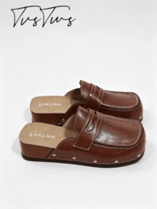 Women's Wedge Heel Thick Sole Square Toe Loafer Style Contrast Stitching Rivet Low Heel Mule Shoes Closed Toe Half Slip-On Fashion Casual Outdoor Slippers - Brown - View 4