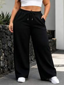 Plus Size Women's Solid Color Wide Leg Sweatpants, Drawstring Elastic Waist, Side Pockets, Casual Loose Athletic Lounge Pants - Black - View 4