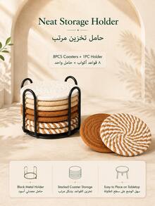 1Set Drink Coaster Set With 8 Round 11 Cm Handwoven Cotton Rope Coasters And Black Metal Holder, 4-Color Woven Table Coasters For Coffee, Tea, Mugs And Glasses, Kitchen Counter, Dining Table, Coffee Table, Living Room Decor And Everyday Home Use - Multicolor - View 3