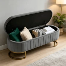 Velvet Storage Bench 130 Cm - Gold Metal Legs - Upholstered Storage Bench For Bedroom Hallway Living Room - Light Grey - View 3