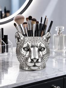 1pc Gold & Silver Leopard Print Makeup Brush Holder, Animal Head Shaped Cosmetic Storage Cup, Suitable For Makeup Brushes, Lipsticks, Eyeliner, Elegant Vanity Tabletop Bedroom Decor - Multicolor - View 3
