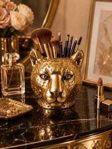 1pc Gold & Silver Leopard Print Makeup Brush Holder, Animal Head Shaped Cosmetic Storage Cup, Suitable For Makeup Brushes, Lipsticks, Eyeliner, Elegant Vanity Tabletop Bedroom Decor - Multicolor - View 2
