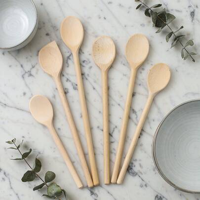 Kochlöffel Set 6-tlg Buche Holz – 6 Kochlöffel 20-35cm, Schont Antihaftbeschichtung, Vielseitiges Kochbesteck Für Braten, Rühren, Servieren, Tägliche Küche & Zubereitung von Suppe & Pasta