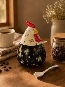 Chicken Ceramic Storage Jar With Lid & Spoon, Cute Floral Condiment Sugar Spice Coffee Bean Container, Kitchen Gift - Multicolor - View 3