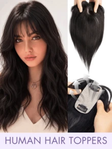 8-14 Inch Human Hair Topper With Bangs, 360° Natural Voluminous Clip-In Wig, Suitable For Women With Thin Hair Coverage, Silk Base Wig, Smooth Straight Hair Texture, A01/A02 Styles, Summer Travel And Holiday Accessory - Natural Black - View 2