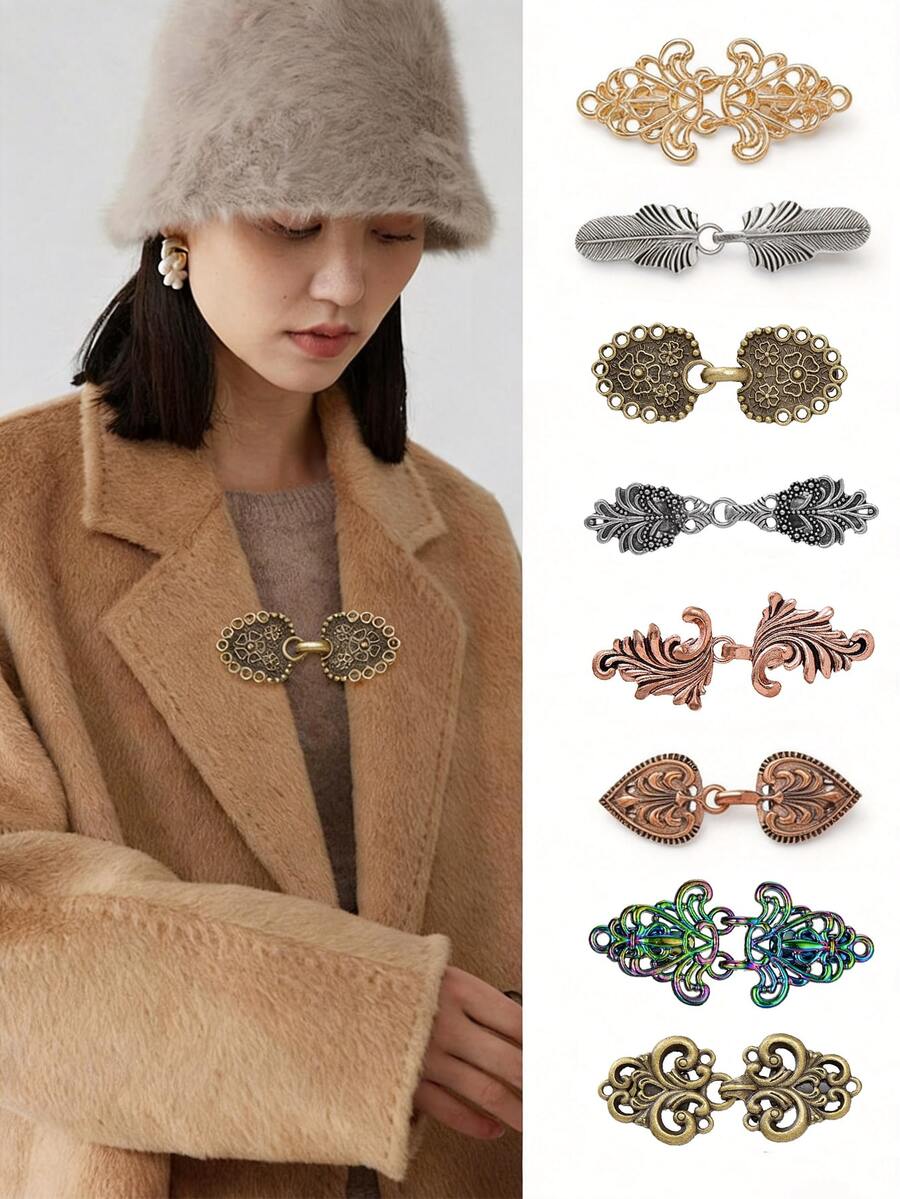 8pcs Vintage Sweater Shawl Clips, Cardigan Collar Clips, Women's Shirt Brooch, Shawl Cape Waist Buckle Clips - A - View 1