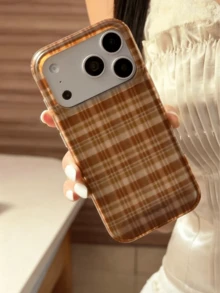 Niche Autumn/Winter Plaid Semi-Transparent Phone Case Compatible With Apple 17 Pro Max, 16 New Model, 15, 15 Pro, 17, 16 Pro, 17 Pro, High-Quality Creative Minimalist Korean Style Anti-Drop Protective Cover With Chain - Brown - View 3